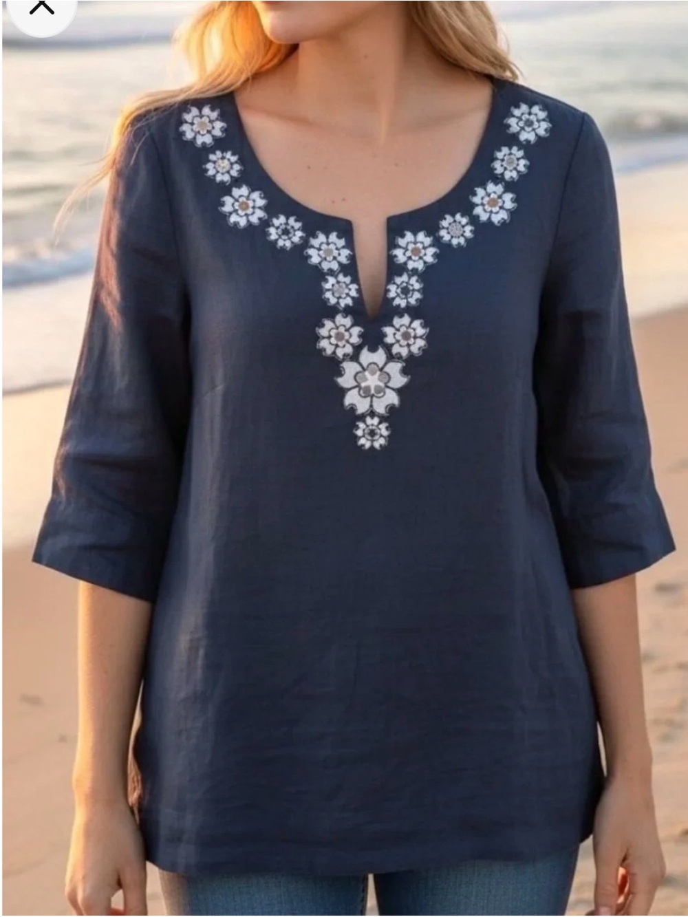 J. Crew Navy Linen Tunic with Cream and Silver Floral Embroidery